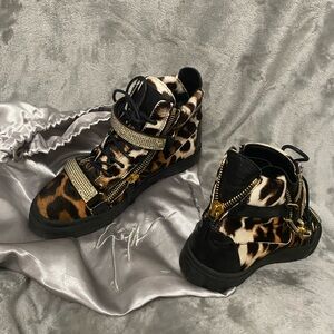 Leopard Print High Top Sneakers with Gold Zippers and Rhinestone Straps